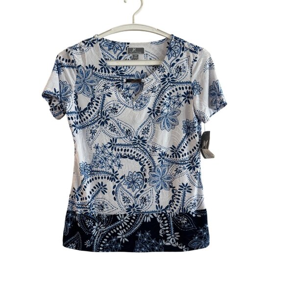 JM Collection Petite Womens Short Sleeve Top P/P Polyester Blue White Floral Kni - Picture 1 of 6